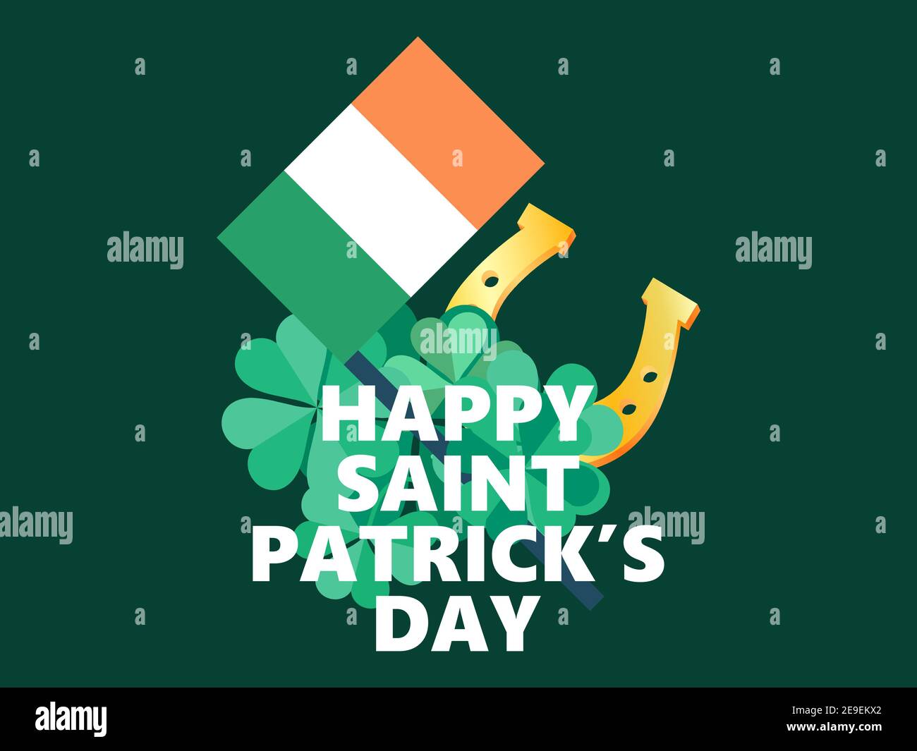 Happy Saint Patrick's Day. Gold horseshoe and Irish flag with clover. Background for advertising products, postcards and printing. Vector illustration Stock Vector