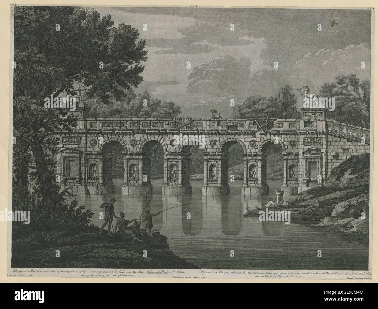 Design of a Bridge in imitation of the Aqueducts of the Ancients proposed to be built over the Lake at Bowood Park in Wiltshire One of the Seats of the Earl of Wiltshire. = Dessein d'un Pont, en imitation des Aqued Author  Pastorini, Benedetto 43.42.1. Place of publication: [England] Publisher: Published as the Act directs, Date of publication: 1778.  Item type: 1 print Medium: etching and engraving Dimensions: sheet  Former owner: George III, King of Great Britain, 1738-1820 Stock Photo