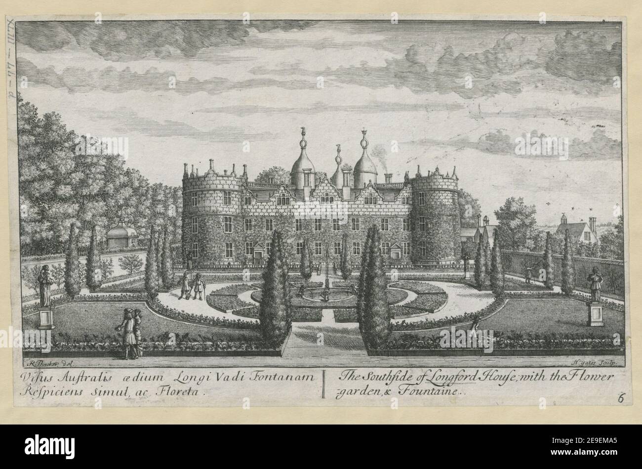 Visus Australis oedium Longi Vadi Fontanam Respiciens Simul ac Floreta. = The Southside of Longford House with the Flower garden & Fountaine.  Author  Yeates, Nicholas 43.44.d. Place of publication: [England] Publisher: [publisher not identified] Date of publication: [about 1680]  Item type: 1 print Medium: etching and engraving Dimensions: sheet 19.4 x 30.9 cm.  Former owner: George III, King of Great Britain, 1738-1820 Stock Photo