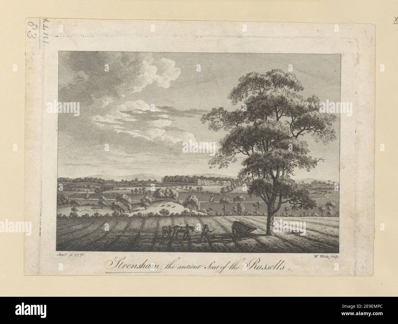 Strensham, the antient Seat of the Russells.  Author  Watts, William 43.83. Place of publication: [London] Publisher: Jan.y 1., Date of publication: 1776.  Item type: 1 print Medium: etching Dimensions: sheet 15.5 x 20.4 cm [trimmed within platemark]  Former owner: George III, King of Great Britain, 1738-1820 Stock Photo