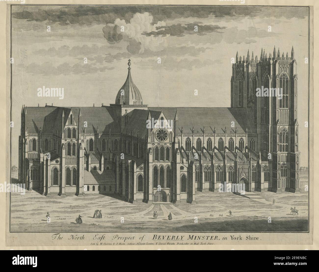 The North East Prospect of BEVERLEY MINSTER, in York Shire. Visual Material information:  Title: The North East Prospect of BEVERLEY MINSTER, in York Shire. 44.26.d. Place of publication: [London] Publisher: Sold by H: Overton , J. Hoole without Newgate London , George Feraby Bookseller in Hull York Shire, Date of publication: [1720s c.]  Item type: 1 print Medium: etching Dimensions: sheet 44.3 x 55.6 cm [trimmed within platemark]  Former owner: George III, King of Great Britain, 1738-1820 Stock Photo