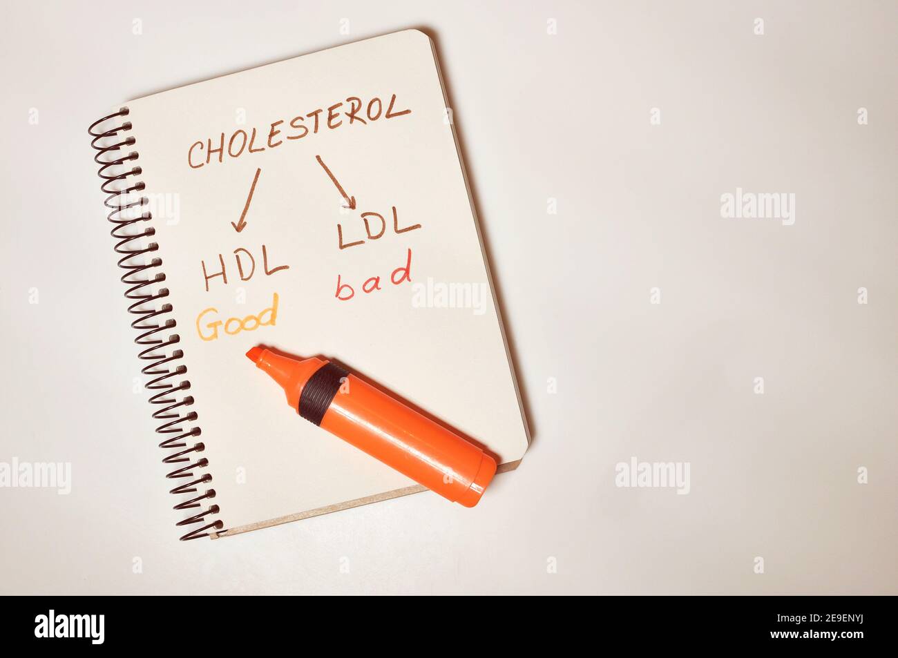 Paper notebook written by had with the concept message Cholesterol (good HDL and bad LDL) on white background with copy text Stock Photo
