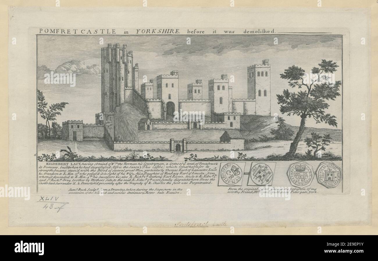 POMFRET CASTLE in YORKSHIRE before it was demolished.  Author  Buck, Samuel 44.43.f. Place of publication: [London] Publisher: [S. Buck] Date of publication: [1730 c.]  Item type: 1 print Medium: etching Dimensions: platemark 18.8 x 36.2 cm.  Former owner: George III, King of Great Britain, 1738-1820 Stock Photo