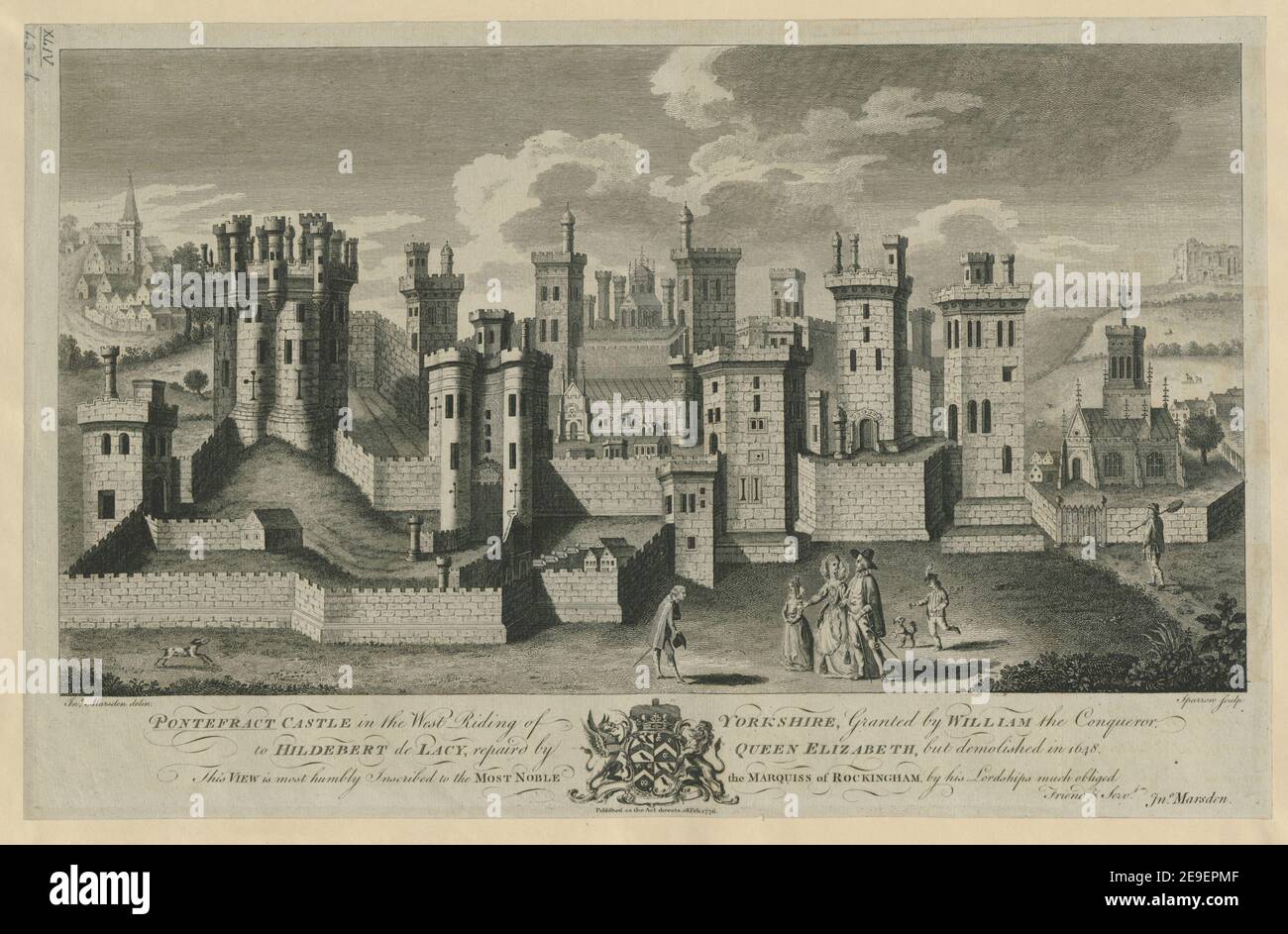 PONTEFRACT CASTLE in the West Riding of YORKSHIRE, Granted by WILLIAM the Conqueror, to HILDEBERT de LACY, repair'd by QUEEN ELIZABETH, but demolished in 1648.  Author  Sparrow, S. 44.43.h. Place of publication: [London] Publisher: Published as the Act directs 28 Feb., Date of publication: 1776.  Item type: 1 print Medium: etching Dimensions: platemark 32.8 x 51.1 cm.  Former owner: George III, King of Great Britain, 1738-1820 Stock Photo