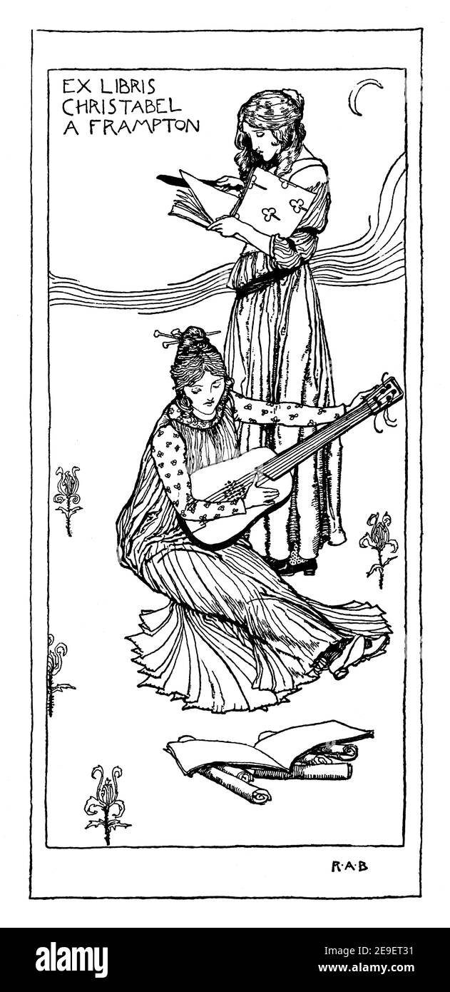 bookplate design for Christabel A Frampton by Robert Anning Bell, in 1893 volume 1 of The Studio an Illustrated Magazine of Fine and Applied Art Stock Photo