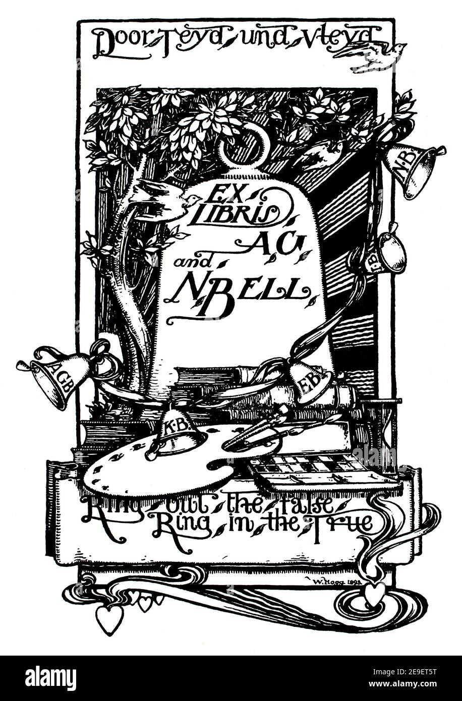 Bookplate design for  A C and N Bell, by Herbert Warrington Hogg, with Old Dutch motto Door teyd und vleyd ' (through time and tide), and below is wri Stock Photo