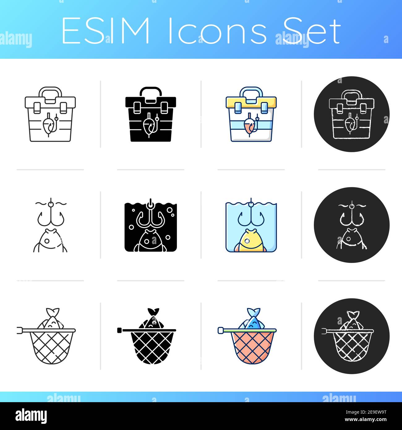 Fishing equipment icons set Stock Vector
