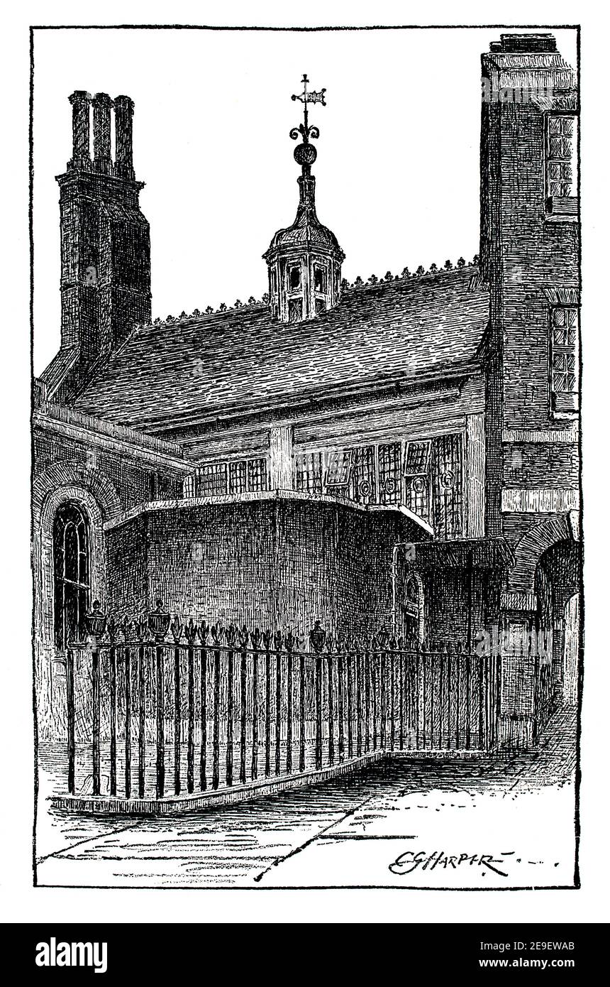 London, Gresham’s College, Barnard’s Inn, The Hall, pen and ink drawing by Charles George Harper , line illustration reproduced by swelled gelatine pr Stock Photo