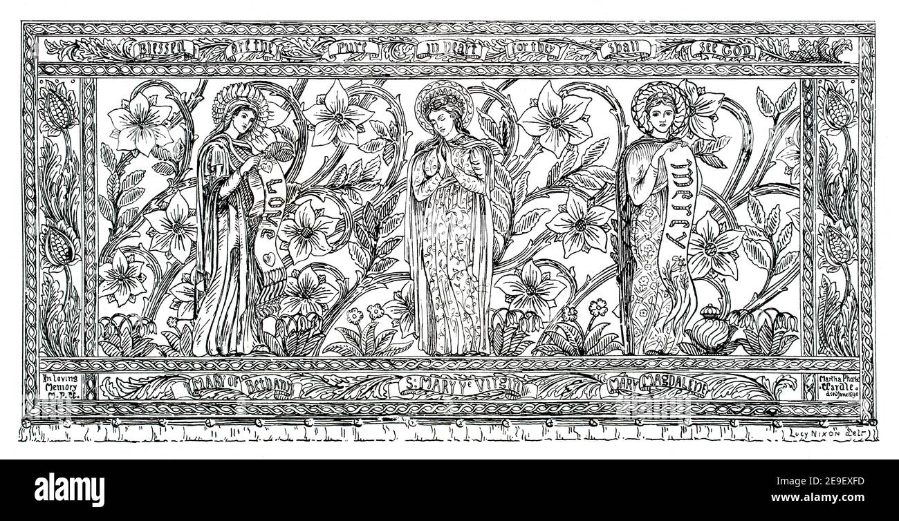White memorial altar cloth from Cheddleton Parish Church, Staffordshire, designed by Gerald Calcott Horsley, from 1893 Volume 1, The Studio an Illustr Stock Photo