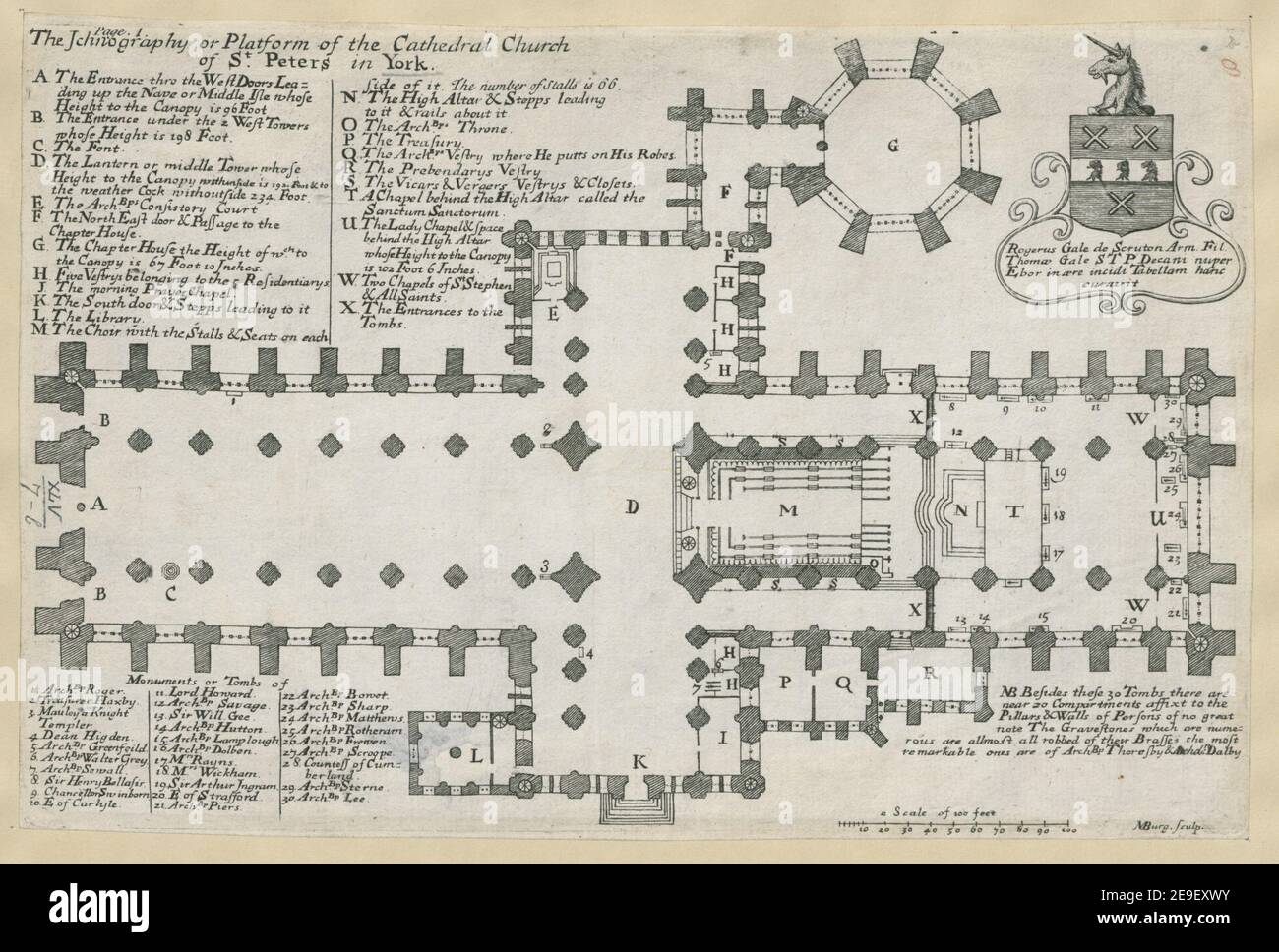 The Ichnography or Platform of the Cathedral Church of St. Peters in York.  Author  Burghers, Michael 45.7.b. Place of publication: [London] Publisher: [D. Browne and J. Smith, in Exeter-Change; G. Strahan, in Cornhill; W. Taylor, in Pater-Noster-Row; R. Gosling, in Fleet-Street; W. Mears, J. Browne, and F. Clay, without Temple-Bar] Date of publication: [1718 c.]  Item type: 1 map Medium: copperplate engraving Dimensions: 17.8 x 26.7 cm  Former owner: George III, King of Great Britain, 1738-1820 Stock Photo