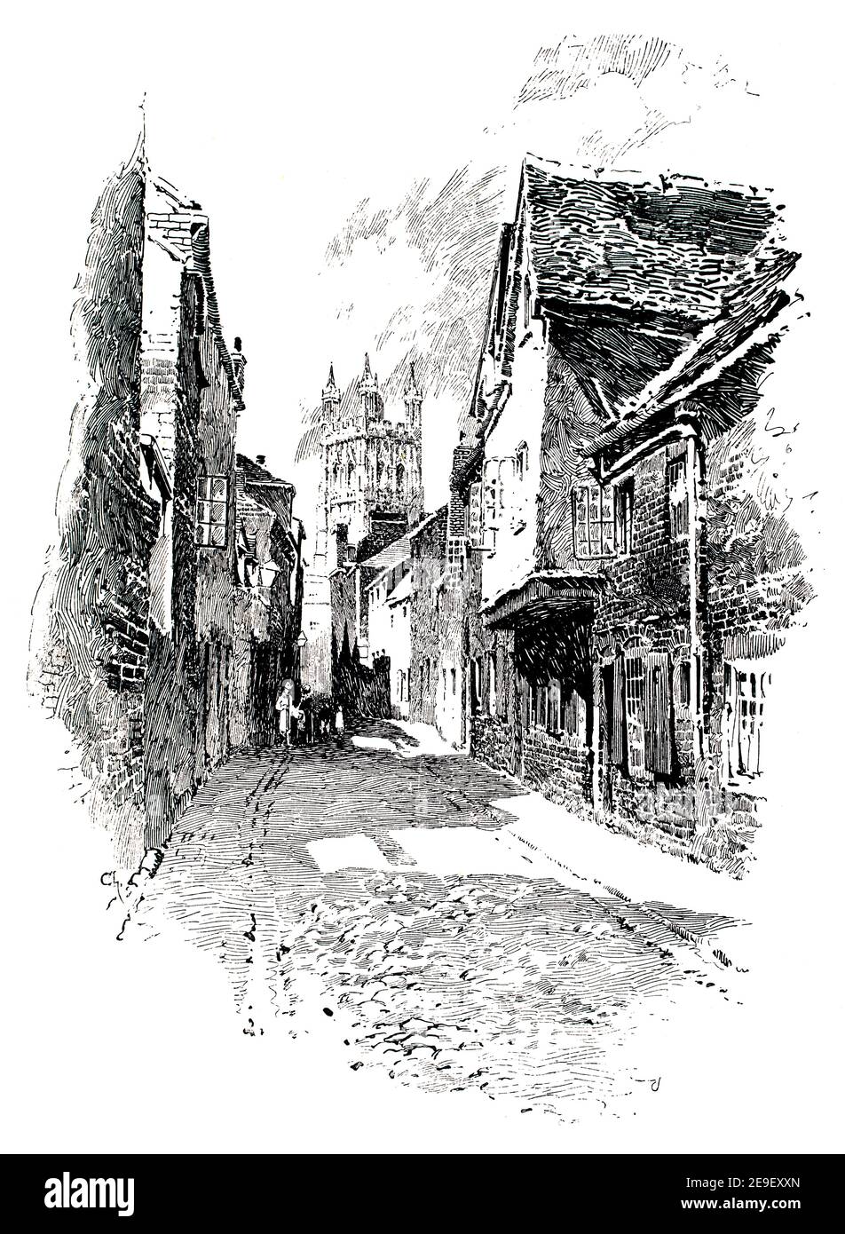 Gloucester Cathedral from Oxbody lane, line drawing by Herbert Railton from 1893 Volume 1, The Studio an Illustrated Magazine of Fine and Applied Art Stock Photo