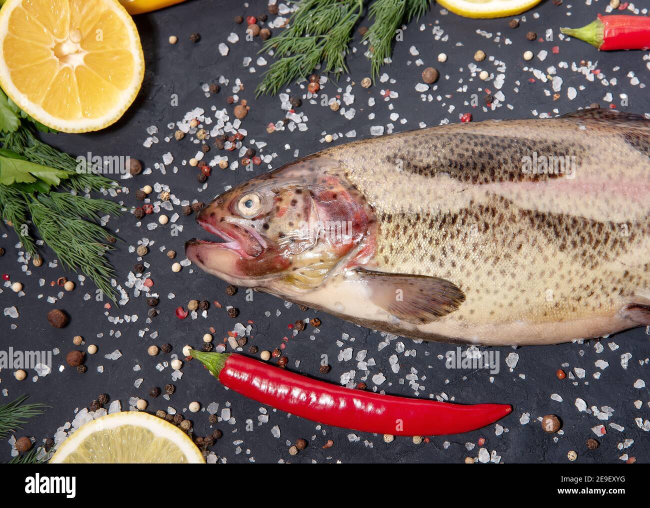 Organic raw fresh trout or salmon fish on an black background with ...