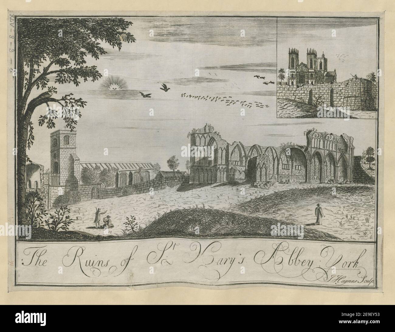 The Ruins of St. Mary's Abbey. York.  Author  Haynes, John 45.8.3.b. Place of publication: [London , York] Publisher: [Sold by Thomas Hammond, Inn, bookseller in High-Ouzegate; at the Printing-Office in Coffee-Yard, York: and by A. Bettesworth, in Pater-Noster-Row, London] Date of publication: [1730]  Item type: 1 print Medium: etching Dimensions: platemark 44.4 x 32.9 cm  Former owner: George III, King of Great Britain, 1738-1820 Stock Photo