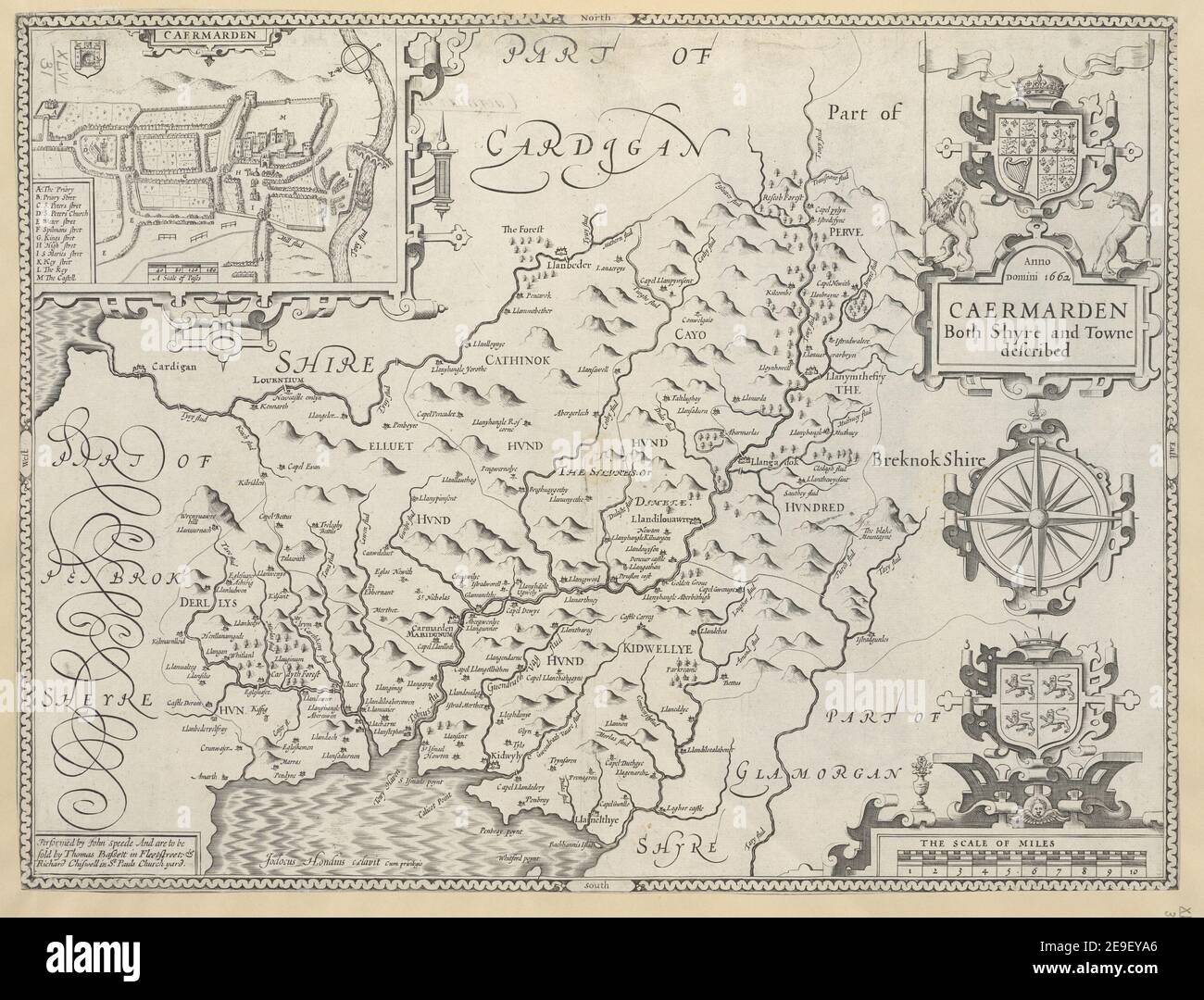 Caermarden, both shyre and towne described  Author  Speed, John 46.31. Place of publication: [London] Publisher: sold by Thomas Bassett in Fleet Street , Richard Chiswell in St. Pauls churchyard, Date of publication: [1676]  Item type: 1 map Dimensions: 38 x 50 cm  Former owner: George III, King of Great Britain, 1738-1820 Stock Photo