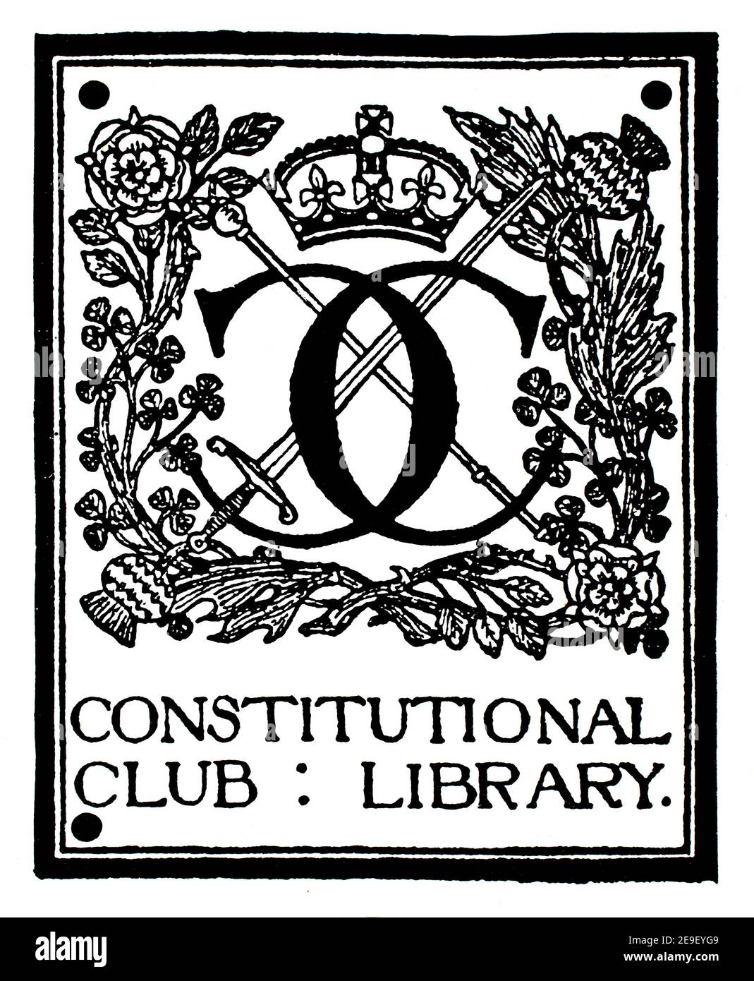 Constitutional Club Library, bookplate line illustration by Herbert P Horne, in 1893 volume 1 of The Studio an Illustrated Magazine of Fine and Applie Stock Photo