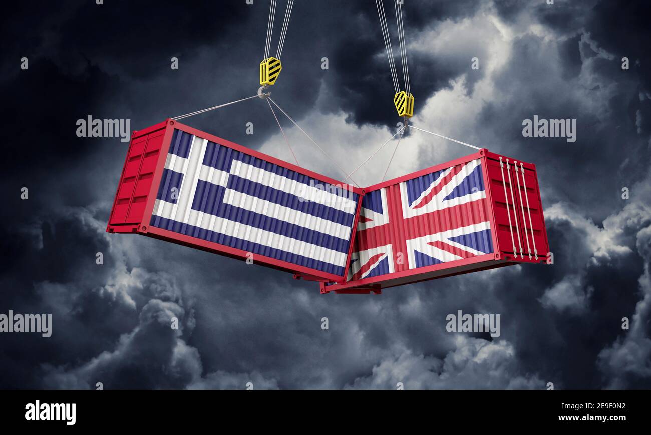 UK and Greece business trade deal. Clashing cargo containers. 3D Render Stock Photo