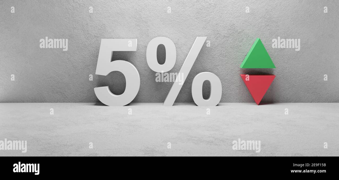 3D rendering of a 5 percent icon with green and red vertical arrows ...