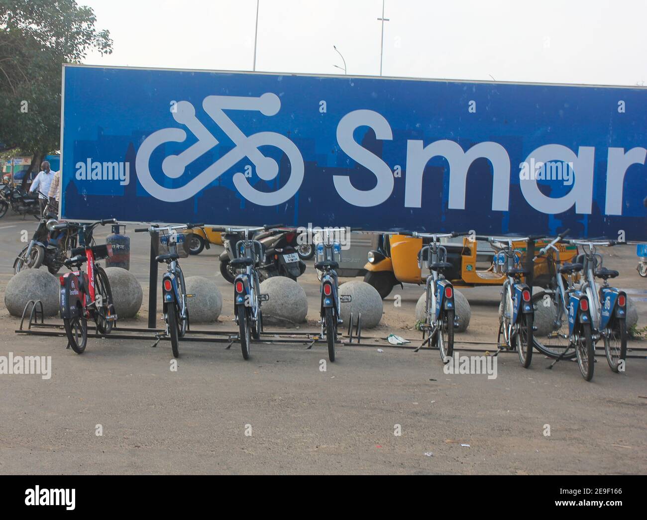Shot of a new smart bicycle service stand in chennai,Marina Beach