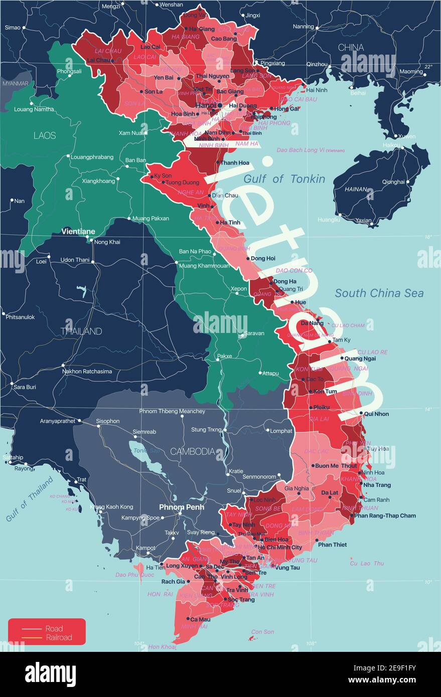 Vietnam country detailed editable map with regions cities and towns, roads and railways 