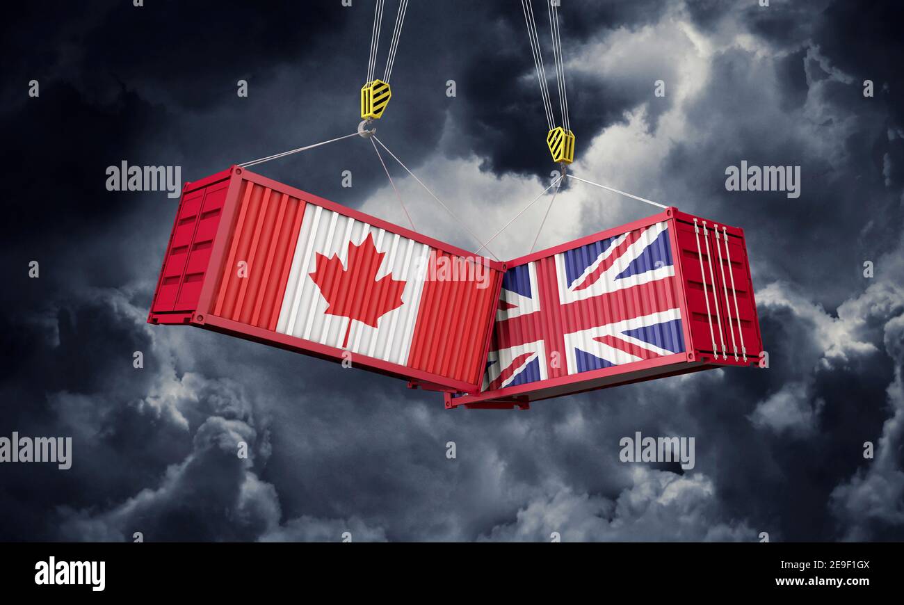 UK and Canada business trade deal. Clashing cargo containers. 3D Render Stock Photo
