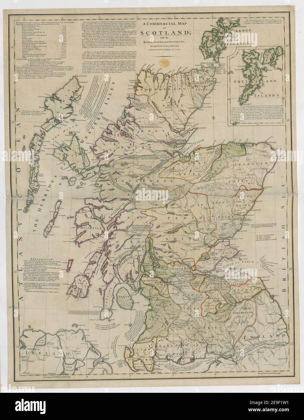A COMMERCIAL MAP of SCOTLAND  Author  Knox, John 48.30. Place of publication: London Publisher: Publish'd by J. Knox. Jan.y 1.st, Date of publication: 1784.  Item type: 1 map Medium: copperplate engraving, hand colour Dimensions: 70 x 53 cm  Former owner: George III, King of Great Britain, 1738-1820 Stock Photo