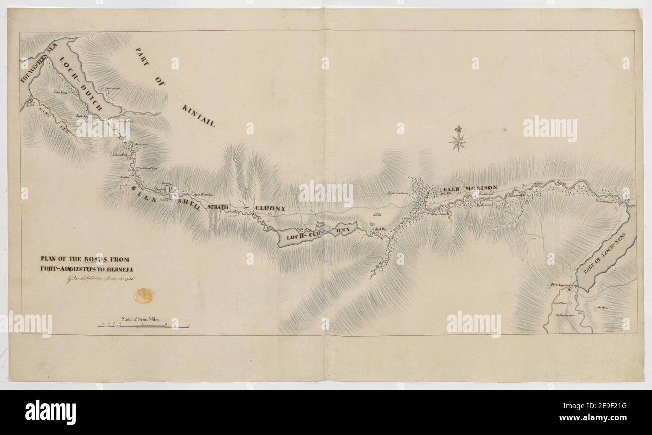 PLAN OF THE ROADS FROM FORT AUGUSTUS TO BERNERA  Author  Paterson, Daniel 48.63. Place of publication: [Scotland] Publisher: by Daniel Paterson, Date of publication: June 21 1746.  Item type: 1 map Medium: manuscript pen and ink over pencil Dimensions: 34 x 69 cm  Former owner: George III, King of Great Britain, 1738-1820 Stock Photo