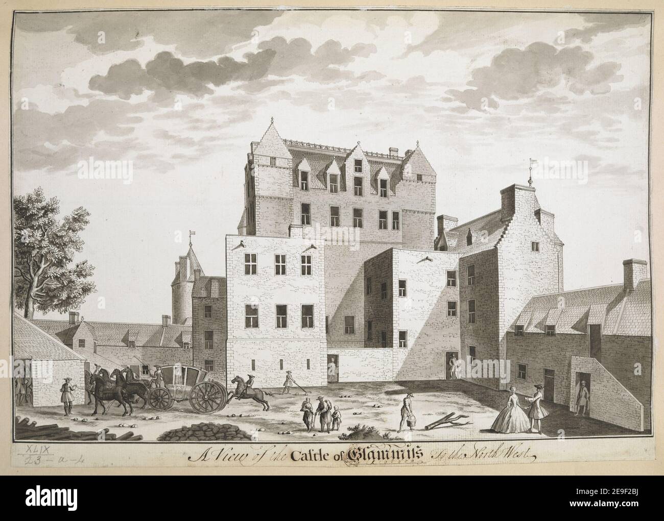 A View of the Castle of Glammis To the North West. Author  Elphinstone, John 49.23.a.4. Date of publication: [between about 1740-1750]  Item type: 1 drawing Medium: pen and black ink with monochrome wash Dimensions: sheet 21.7 x 30.6 cm  Former owner: George III, King of Great Britain, 1738-1820 Stock Photo