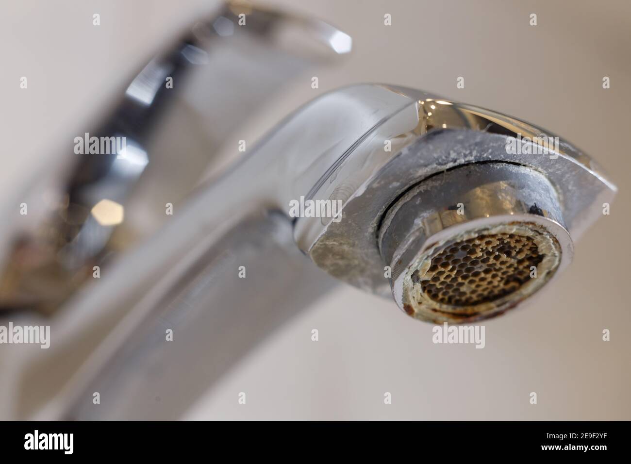 Limescale on faucet mesh in bathrooms. Close up view Stock Photo Alamy