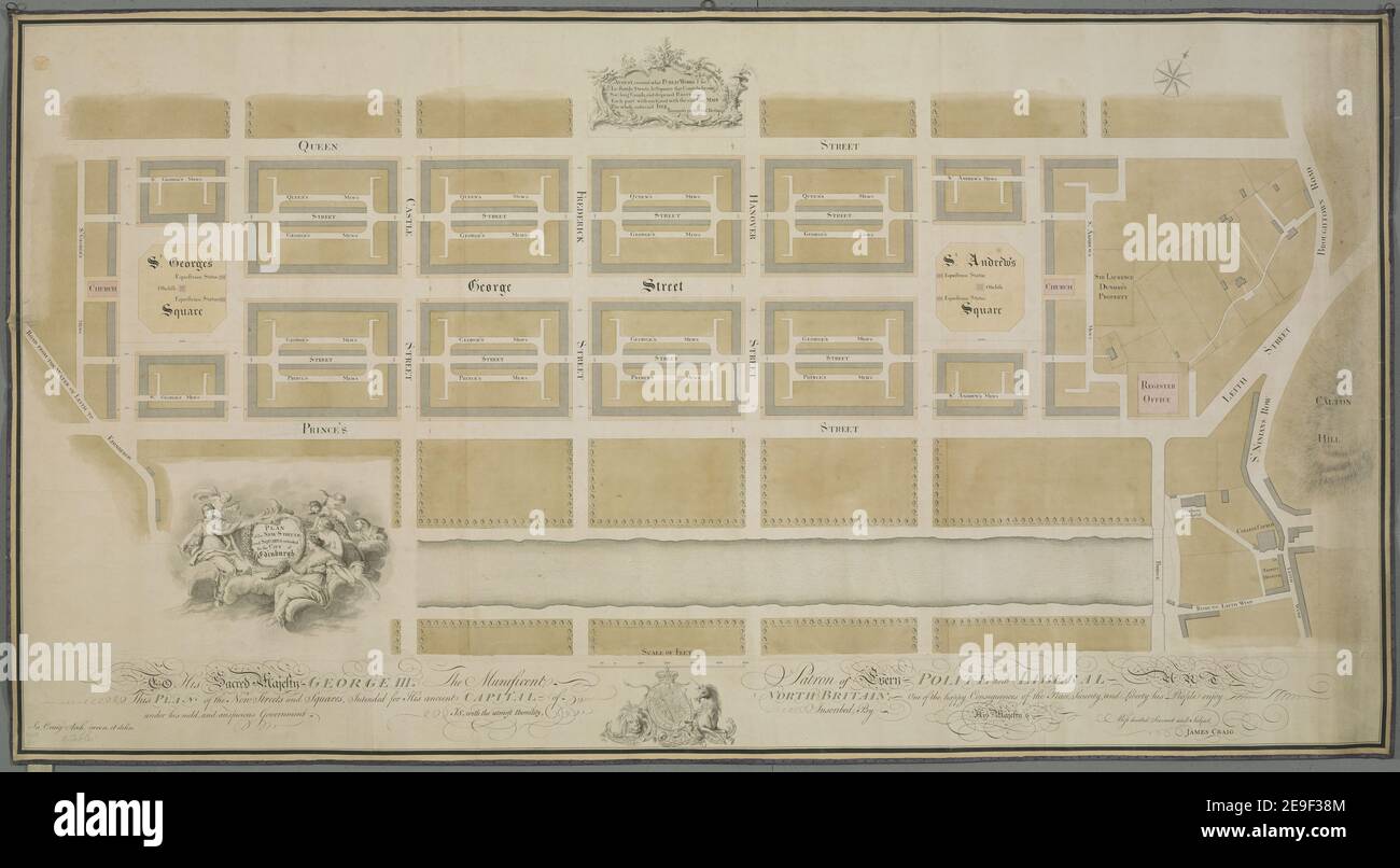 PLAN of the NEW STREETS and SQUARES intended for the CITY of Edinburgh  Author  Craig, James 49.65. Place of publication: [Edinburgh] Publisher: Ja. Craig Arch. inven. et delin., Date of publication: [December 1767.]  Item type: 1 map on 3 sheets Medium: joined and laid on linen with blue cotton edges and brass rings for hanging (dedication comprises three additional part sheets, also laid on the linen), manuscript pen and ink with watercolour Dimensions: 81 x 152 cm  Former owner: George III, King of Great Britain, 1738-1820 Stock Photo
