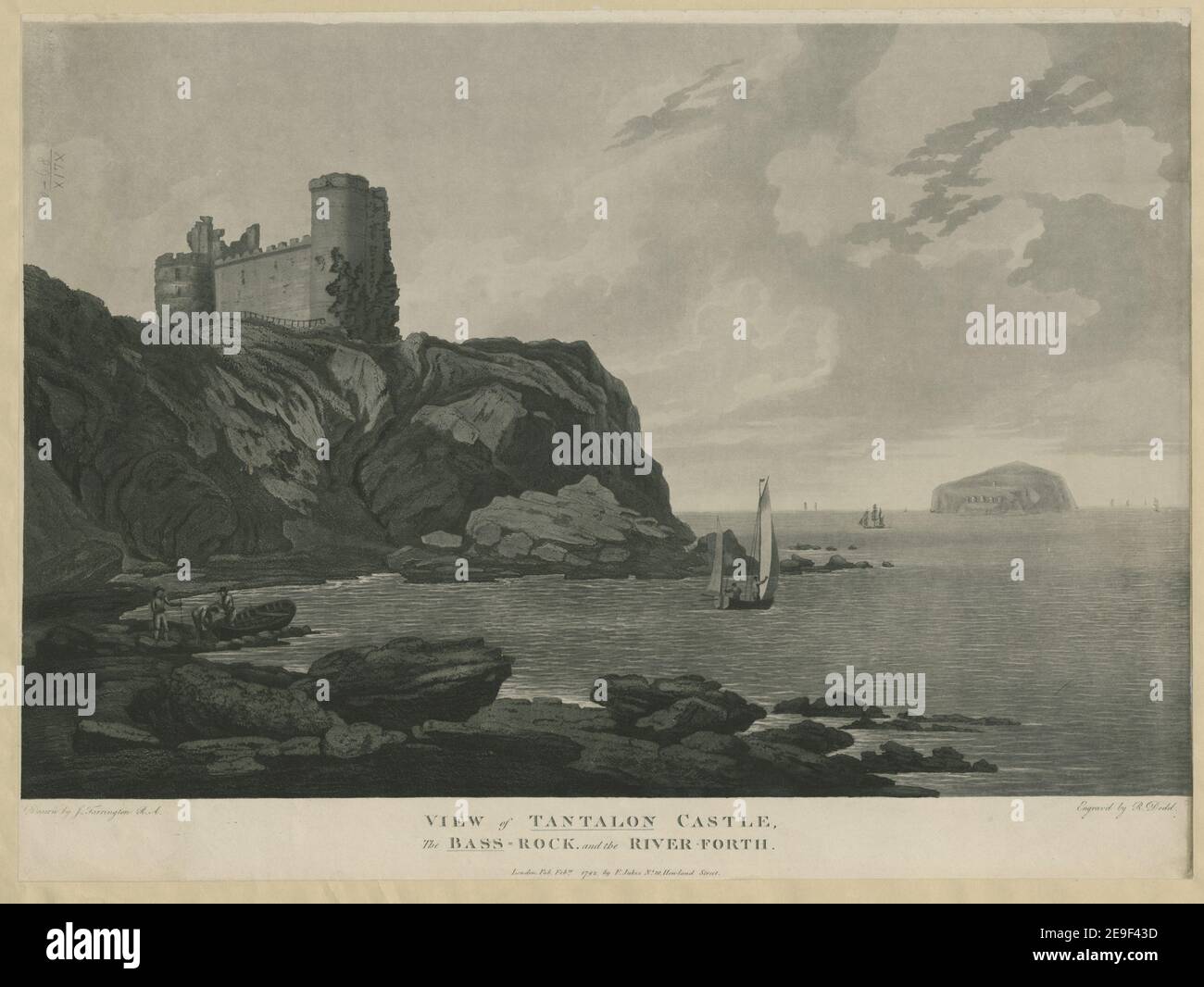 VIEW of TANTALON CASTLE. The BASS = ROCK and the RIVER FORTH.  Author  Dodd, Robert 49.89.a. Place of publication: London Publisher: Pubd Febry 1792 by F. Jukes No10 Howland Street., Date of publication: [February 1792]  Item type: 1 print Medium: aquatint and etching Dimensions: sheet 44.4 x 59.9cm  Former owner: George III, King of Great Britain, 1738-1820 Stock Photo