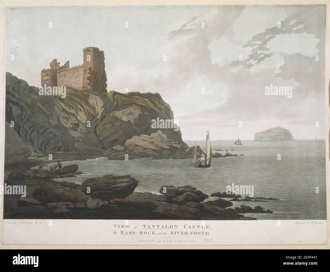 VIEW of TANTALON CASTLE. The BASS = ROCK and the RIVER FORTH.  Author  Dodd, Robert 49.89.b. Place of publication: London Publisher: Pubd Febry 1792 by F. Jukes No10 Howland Street., Date of publication: [February 1792]  Item type: 1 print Medium: aquatint and etching with hand-colouring Dimensions: sheet 44.8 x 60.6 cm  Former owner: George III, King of Great Britain, 1738-1820 Stock Photo