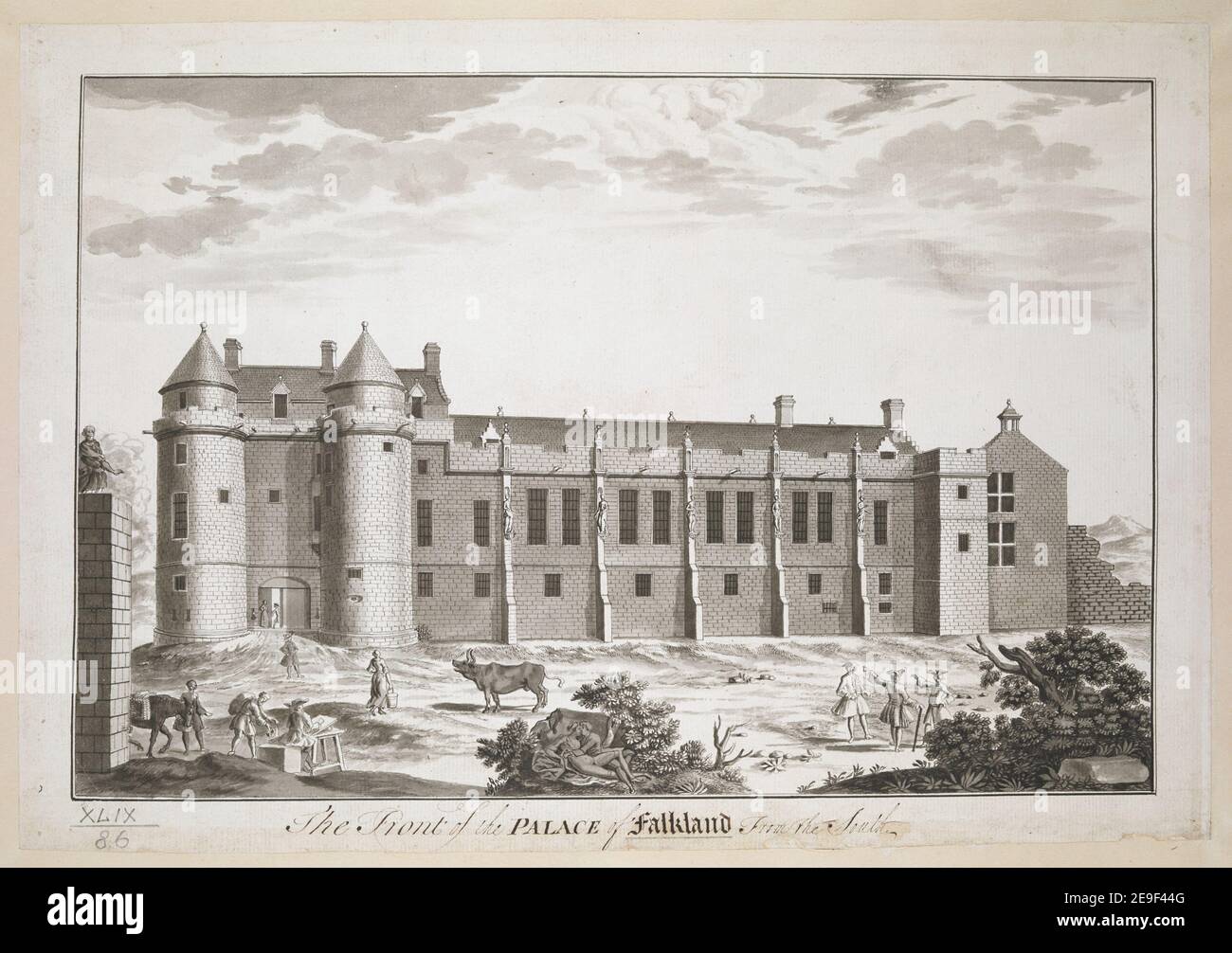 The front of the PALACE of Falkland From the South. Author  Elphinstone, John 49.86. Date of publication: [about 1740-1750]  Item type: 1 drawing Medium: pen and black ink with monochrome wash Dimensions: sheet 23.4 x 33.7 cm  Former owner: George III, King of Great Britain, 1738-1820 Stock Photo