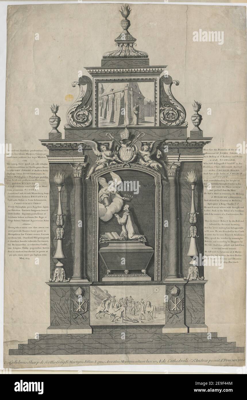 De: Gulielmus Sharp de Scottis Craig: B. Martyris filius eques auratus, monumentum hoc in aede Cathedrali Sti Andreae posuit. A¬∫ Dom: MDCLXXXI.  Author  Gucht, Michael van der 49.84.d. Place of publication: [Scotland] Publisher: [publisher not identified] Date of publication: [about 1681]  Item type: 1 print Medium: engraving Dimensions: sheet 89.7 x 59.5 cm  Former owner: George III, King of Great Britain, 1738-1820 Stock Photo