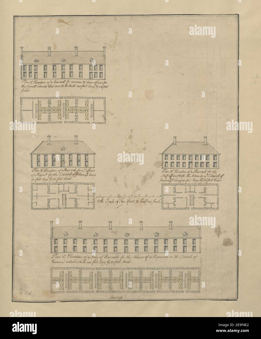 Plan & Elevation of a barrack for 200 men & their officers for the severall redoubts that are to be built 120 feet long by 34 foot broad  Visual Material information:  Title: Plan , Elevation of a barrack for 200 men , their officers for the severall redoubts that are to be built 120 feet long by 34 foot broad  50.10.d. Date of publication: [around 1720]  Item type: 1 drawing Medium: pen with black and red ink with monochrome wash Dimensions: sheet 51.1 x 40.6 cm  Former owner: George III, King of Great Britain, 1738-1820 Stock Photo