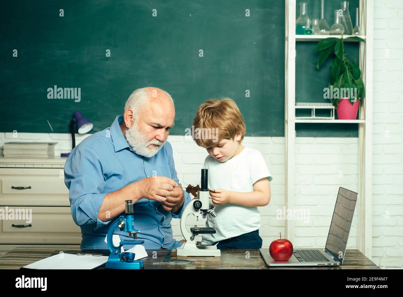 Teacher is skilled leader. Grandfather and grandchild. Concept of a retirement age. Learning and education concept. Grandfather and grandson. Stock Photo
