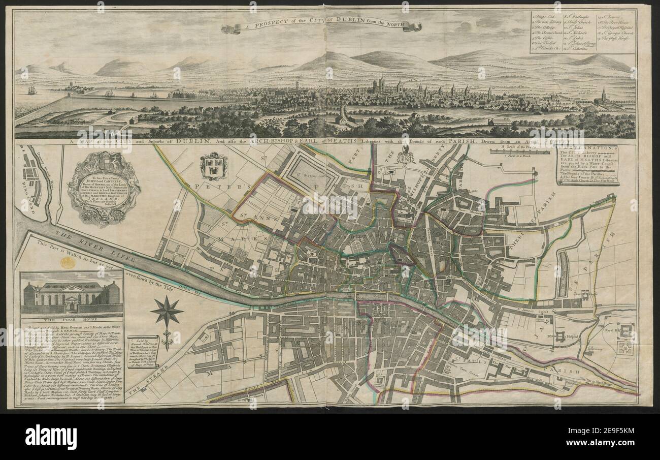 A map of the city and suburbs of Dublin, and also the Archbishop and Earl of Meath's liberties, with the bounds of each parish  Map information:  Title: A map of the city and suburbs of Dublin, and also the Archbishop and Earl of Meath's liberties, with the bounds of each parish  53.12. Place of publication: London , Dublin Publisher: printed and sold be Hen. Overton and I. Hoole at the White-Horse without Newgate, London; sold by Hannah Madocks at the Red Lyon in New Row in Thomas Street in Dubllin, Date of publication: [1730]  Item type: 1 map on 2 sheet Stock Photo
