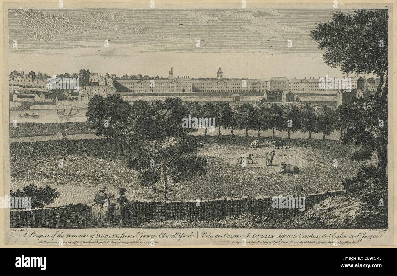 A Prospect of the Barracks of Dublin, from St. James's Church Yard.  Author  Walker, Anthony 53.17.1.b Place of publication: London Publisher: Printed for Rob.t Sayer Map , Printseller, at the Golden Bank near Serjeants Inn, Fleet Street., Date of publication: [1750s c.]  Item type: 1 print Medium: etching and engraving Dimensions: sheet 24.9 x 39.8 cm [trimmed within platemark].  Former owner: George III, King of Great Britain, 1738-1820 Stock Photo