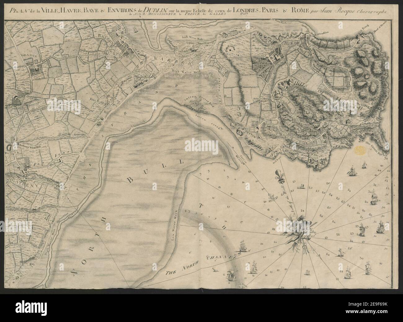 A survey of the city, harbour, bay and environs of Dublin on the same scale as those of London, Paris & Rome by John Rocque, chorographer to His Royal Hughness, the Prince of Wales  Map information:  Title: A survey of the city, harbour, bay and environs of Dublin on the same scale as those of London, Paris , Rome by John Rocque, chorographer to His Royal Hughness, the Prince of Wales  53.6.III. Place of publication: [London], Date of publication: 1757.  Item type: 1 map printed on 4 separate sheets Dimensions: 104 x 142 cm, sheets 52 x 71 or smaller  Form Stock Photo