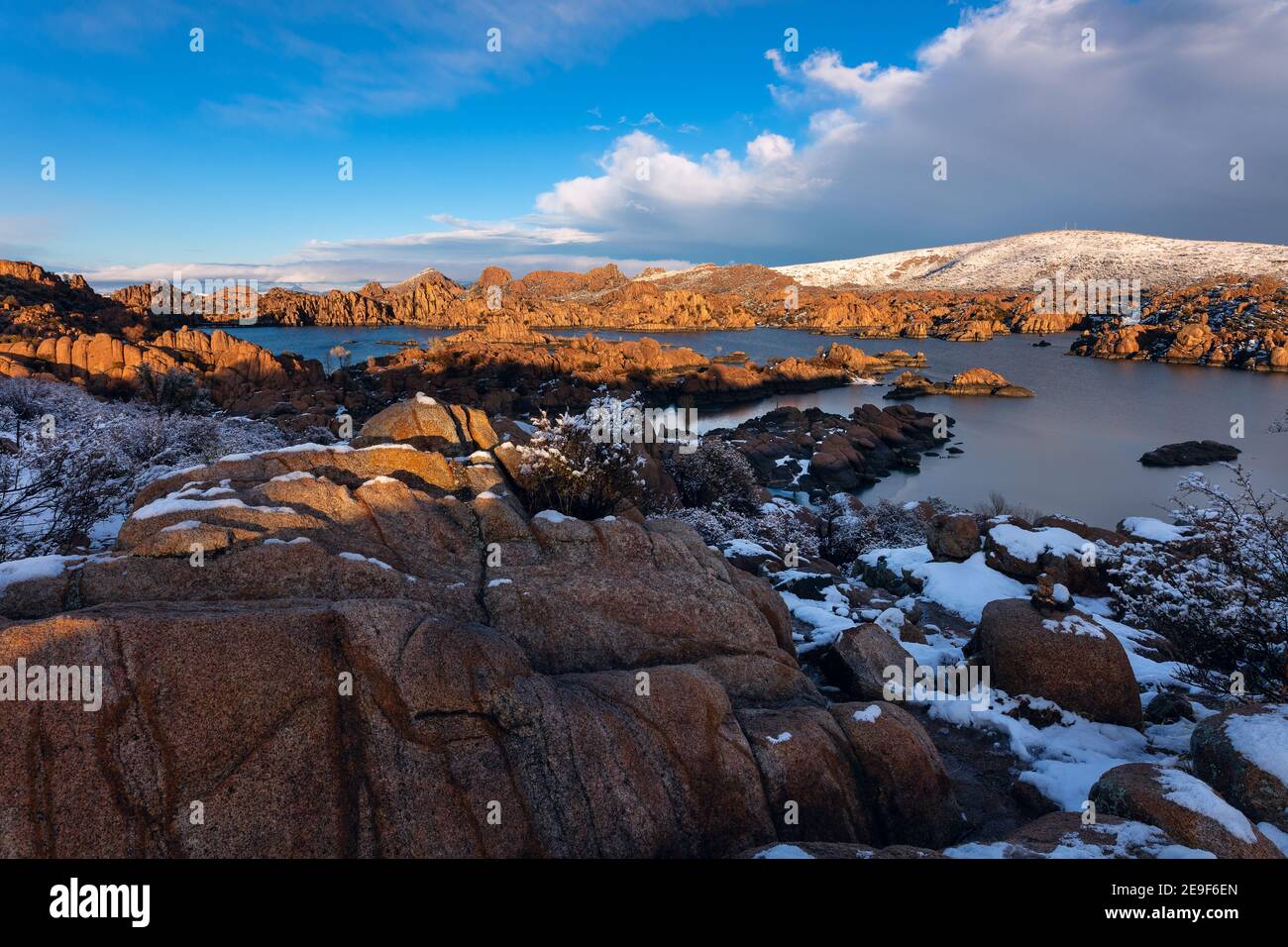 Scenic winter landscape with snow at Watson Lake in the Granite Dells, Prescott, Arizona Stock Photo