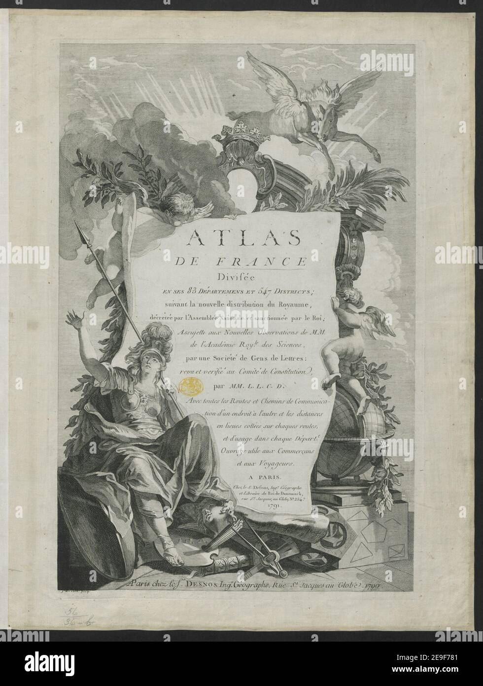 ATLAS DE FRANCE  Book information:  Title: ATLAS DE FRANCE  56.36.b. Place of publication: A PARIS Publisher: Chez le S. Desnos, Ing.r. GeÃÅographe et Libraire du Roi de Danemark, rue St. Jacques, au Globe, No. 254, Date of publication: 1791.  Item type: 1 print Medium: engraving Dimensions: platemark 50 x 33.6 cm, on sheet 55.1 x 42.6 cm  Former owner: George III, King of Great Britain, 1738-1820 Stock Photo