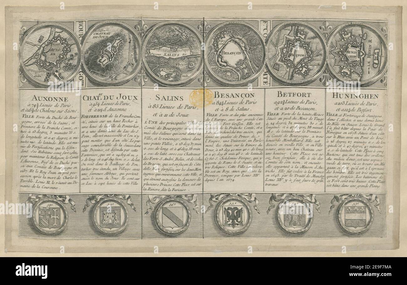 AUXONNE, CHAT.AU DU JOUX, SALINS, BESANCÃßON, BETFORT, HUNINGHEN . Visual Material information:  Title: [AUXONNE, CHAT.AU DU JOUX, SALINS, BESANCÃßON, BETFORT, HUNINGHEN]. 56.80.f.1. Place of publication: [Paris] Publisher: [Roch Joseph Julien] Date of publication: [1751]  Item type: 1 print Medium: etching and engraving Dimensions: sheet 19.7 x 33.5 cm (trimmed).  Former owner: George III, King of Great Britain, 1738-1820 Stock Photo
