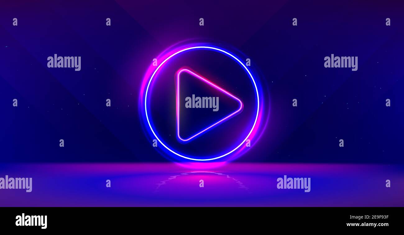 Wide gaming background with glowing play button. Press to play. Start button. Stock Vector
