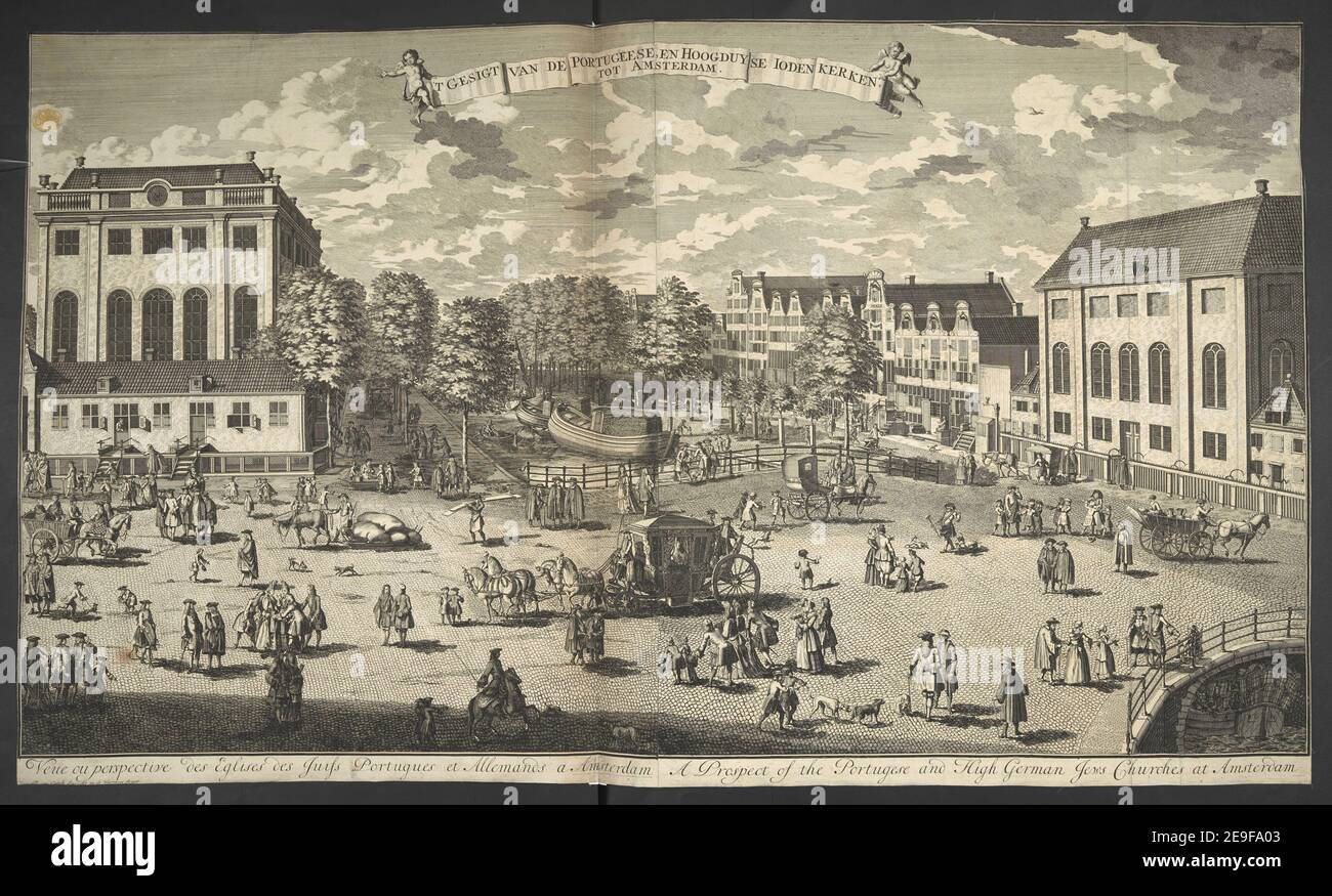 ‚ÄòT GESIGT VAN DE PORTUGEESE, EN HOOGDUYSE LODEN KERKEN, TOT AMSTERDAM = Veue ou perspective des Eglises des Juifs Portugues et Allemands a Amsterdam = A Prospect of the Portugese and High German Jews Churches at Am Author  Gunst, Pieter Stevens van 106.63.l. Place of publication: [Amsterdam] Publisher: P. van Gunst Excudit in de Warmoes Straat, Date of publication: [between 1675 and 1731]  Item type: 1 print Medium: etching and engraving Dimensions: sheet 54.4 x 93 cm (trimmed)  Former owner: George III, King of Great Britain, 1738-1820 Stock Photo