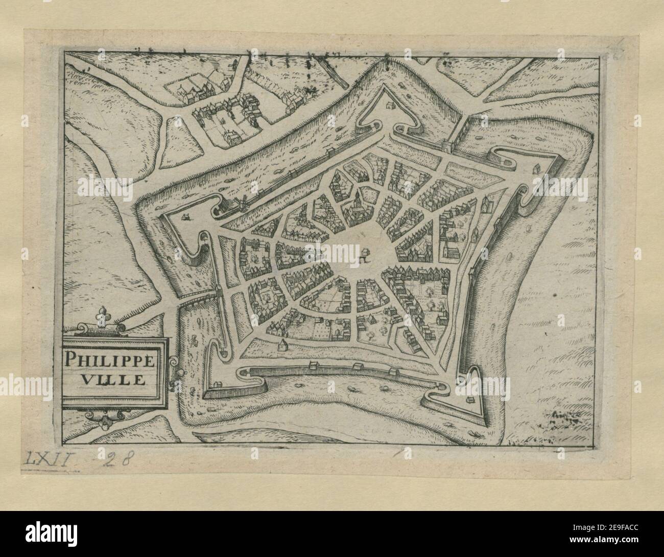 PHILIPPEVILLE. Map information:  Title: PHILIPPEVILLE. 62.28. Place of publication: [Antwerp?] Publisher: [publisher not identified] Date of publication: [between 1580 and 1650]  Item type: 1 map Medium: etching Dimensions: 11.7 x 16 cm  Former owner: George III, King of Great Britain, 1738-1820 Stock Photo