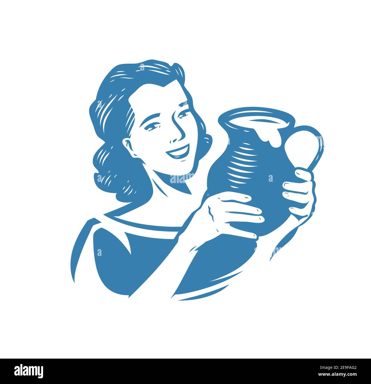 Milkmaid with jug of milk. Dairy products symbol or logo vector Stock Vector