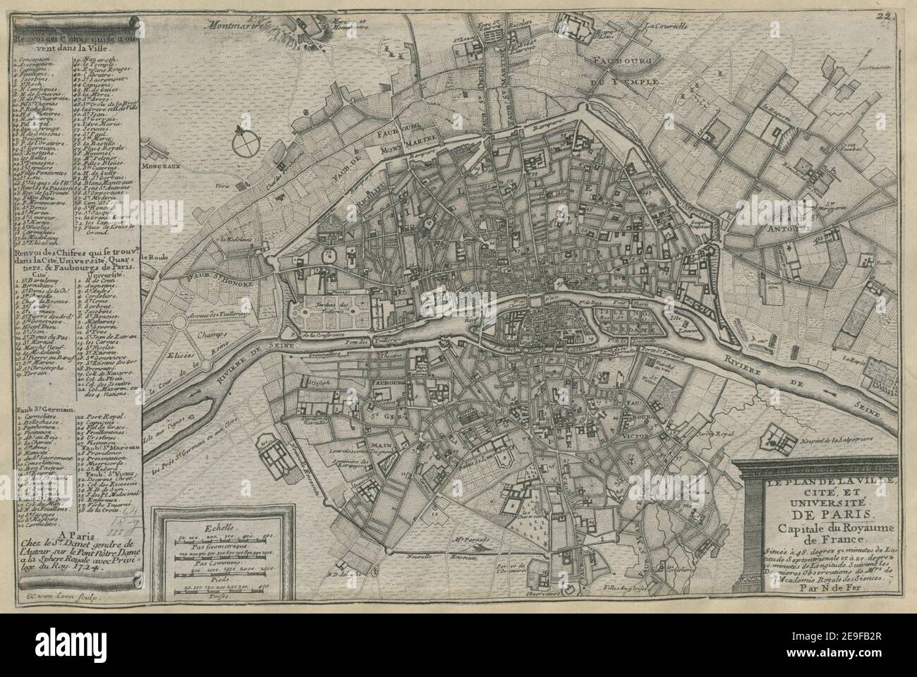 LE PLAN DE LA VILLE, CITEÃÅ, ET UNIVERSITEÃÅ DE PARIS Capitale du Royaume de France  Author  Fer, Nicolas de 64.18.g.3. Place of publication: A Paris Publisher: Chez le Sr. Danet gendre de l'Auteur sur le Pont NoÃÇtre Dame a la Sphere Royale avec Privilege du Roy, Date of publication: 1724.  Item type: 1 map Medium: copperplate engraving Dimensions: 21.5 x 32.7 cm  Former owner: George III, King of Great Britain, 1738-1820 Stock Photo