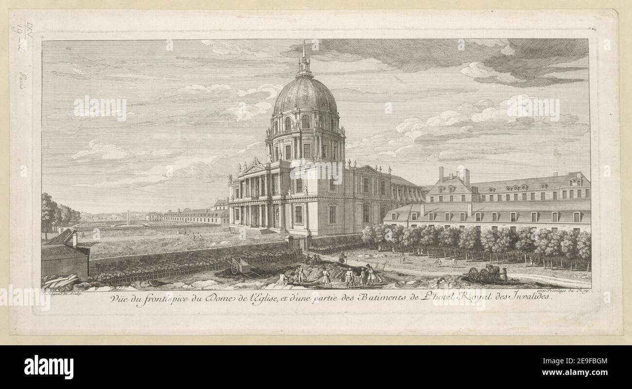 VuÃàe du frontispice du Dome de l'Eglise, et d'une partie des Batiments de L'hotel Royal des Invalides.  Author  Rigaud, Jacques 65.19.d. Place of publication: [Paris] Publisher: [publisher not identified] Date of publication: [between 1700 and 1754]  Item type: 1 print Medium: etching and engraving Dimensions: platemark 24.5 x 49 cm, on sheet 28.2 x 52.7 cm  Former owner: George III, King of Great Britain, 1738-1820 Stock Photo