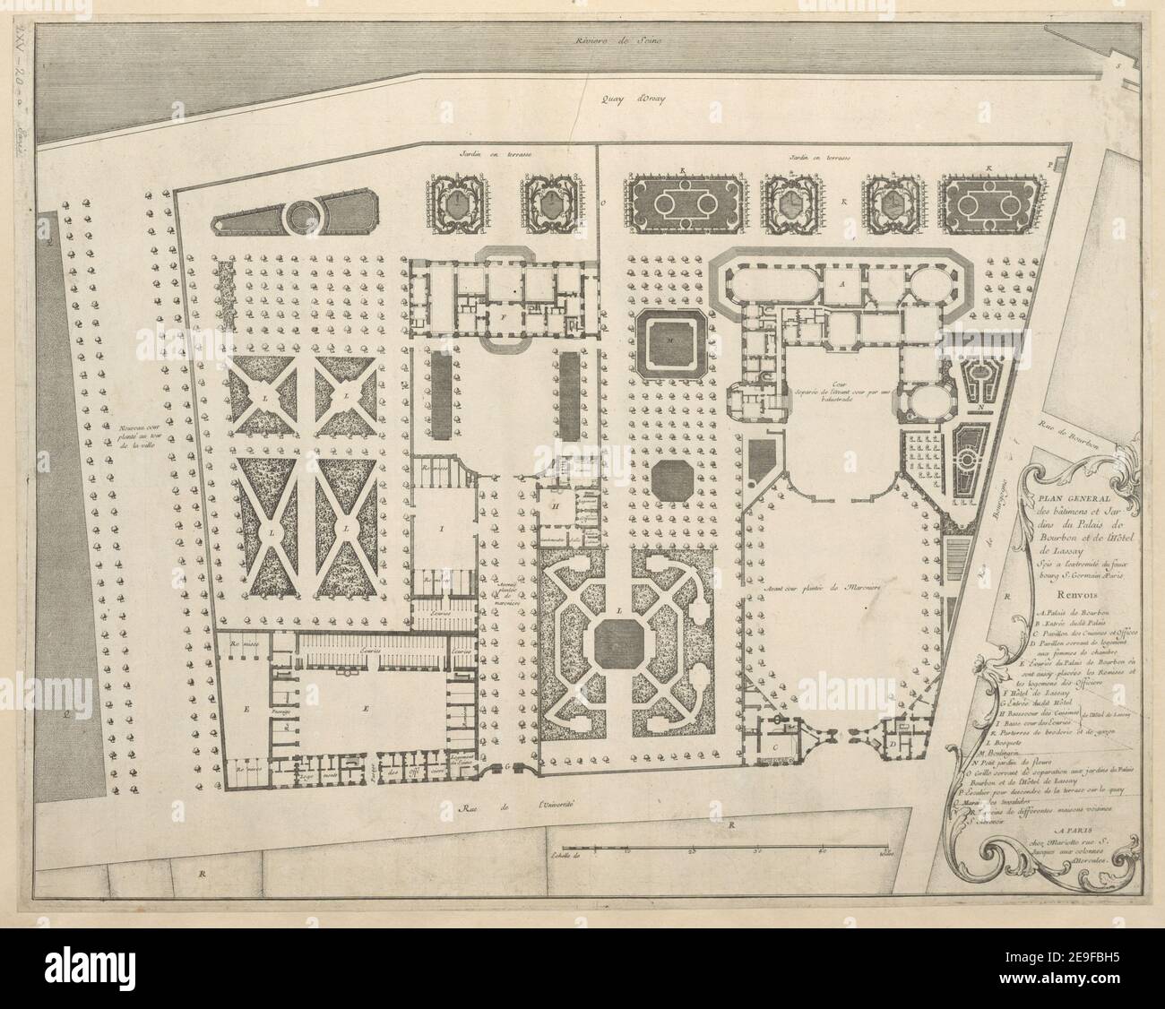 PLAN GENERAL des baÃÇtimens et Jardins du Palais de Bourbon et de l'HoÃÇtel de Lassay  Visual Material information:  Title: PLAN GENERAL des baÃÇtimens et Jardins du Palais de Bourbon et de l'HoÃÇtel de Lassay  65.20.a. Place of publication: A PARIS Publisher: chez Mariette rue S. Jacques aux colonnes d'Hercules, Date of publication: [between 1730 and 1740]  Item type: 1 print Medium: etching Dimensions: sheet 40 x 50.7 cm (trimmed)  Former owner: George III, King of Great Britain, 1738-1820 Stock Photo