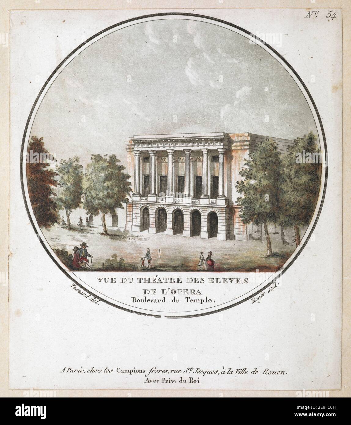 VUE DU THEÃÅATRE DES ELEVES DE L'OPERA Boulevard du Temple.  Author  Roger, BartheÃÅlemy Joseph Fulcran 65.4.2.54. Place of publication: A Paris Publisher: chez les Campions freres, rue St Jacques, aÃÄ la Ville de Rouen, Avec Priv. du Roi., Date of publication: [between 1785-1792]  Item type: 1 print Medium: etching with hand-colouring Dimensions: sheet 14 x 12.2 cm.  Former owner: George III, King of Great Britain, 1738-1820 Stock Photo