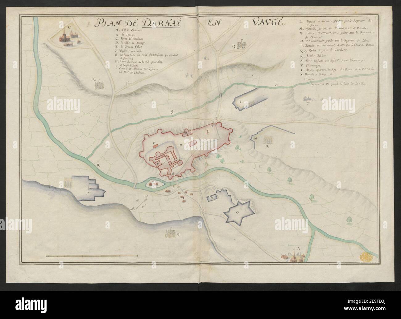 Plan de Darnay en Vauge. Map information:  Title: Plan de Darnay en Vauge. 67.69. Place of publication: [France] Publisher: [unknown producer] Date of publication: [1650]  Item type: 1 map Medium: pen and ink with coloured wash Dimensions: 42.8 x 61.8 cm  Former owner: George III, King of Great Britain, 1738-1820 Stock Photo